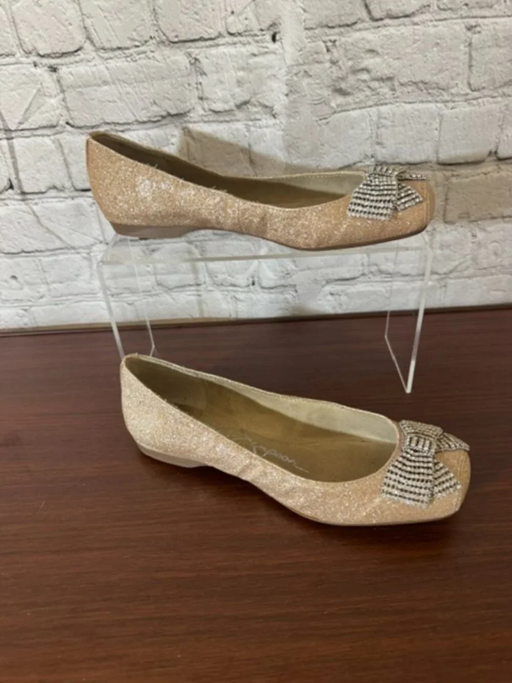 Jessica Simpson Gold Glitter Rhinestone Bow Flats Square Toe Size 6M